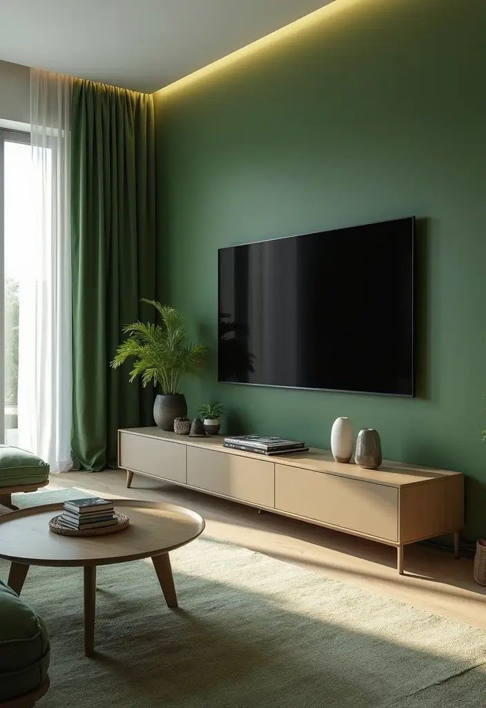 28 Moss Green Living Room Ideas That Feel Earthy and Elegant - 16. Integrating Technology Smoothly