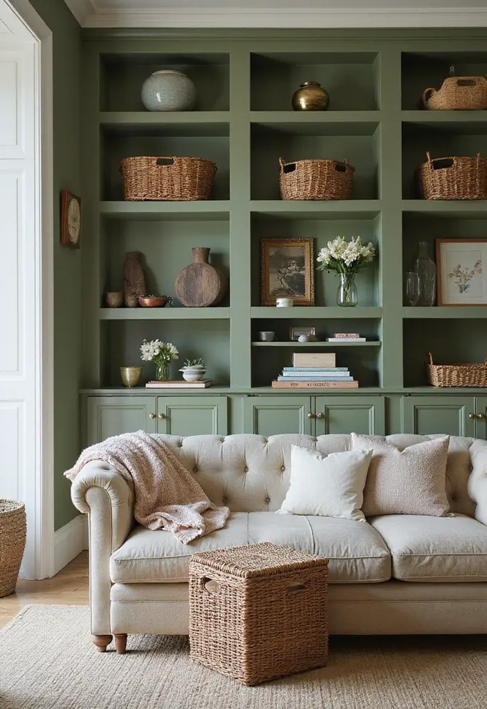 28 Moss Green Living Room Ideas That Feel Earthy and Elegant - 17. Creative Storage Solutions