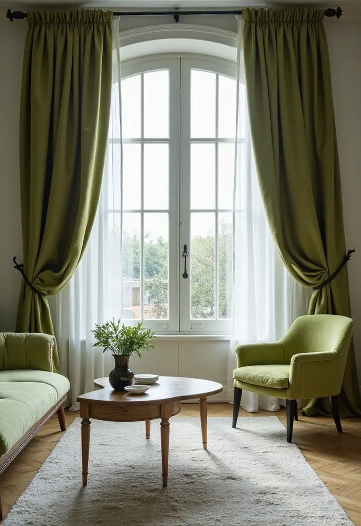 28 Moss Green Living Room Ideas That Feel Earthy and Elegant - 19. Elegant Window Treatments