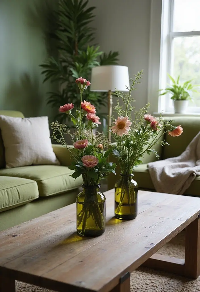 28 Moss Green Living Room Ideas That Feel Earthy and Elegant - 20. Fresh Flower Arrangements