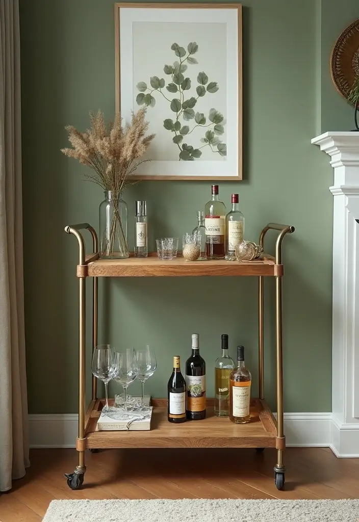 28 Moss Green Living Room Ideas That Feel Earthy and Elegant - 21. Stylish Bar Carts
