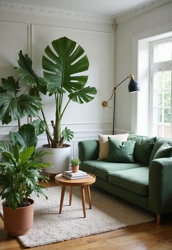 28 Moss Green Living Room Ideas That Feel Earthy and Elegant - 22. Statement Plants