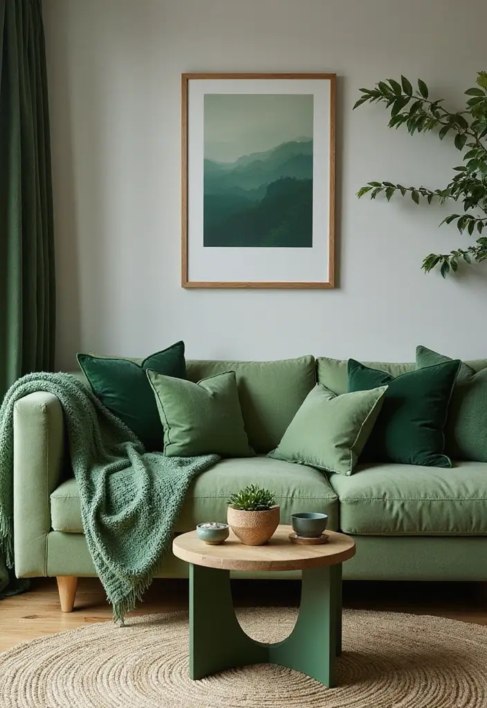 28 Moss Green Living Room Ideas That Feel Earthy and Elegant - 23. Layering Green Hues