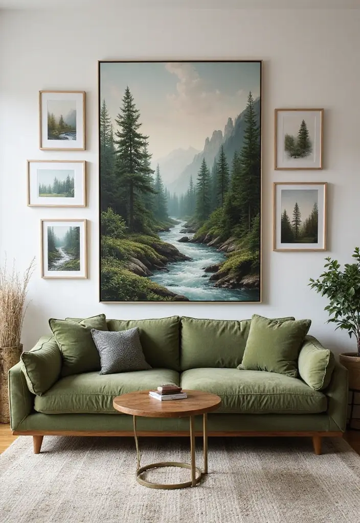 28 Moss Green Living Room Ideas That Feel Earthy and Elegant - 3. Nature-Inspired Art