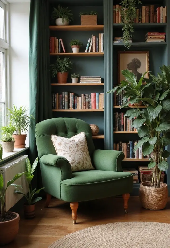 28 Moss Green Living Room Ideas That Feel Earthy and Elegant - 5. Cozy Corner Reading Nook