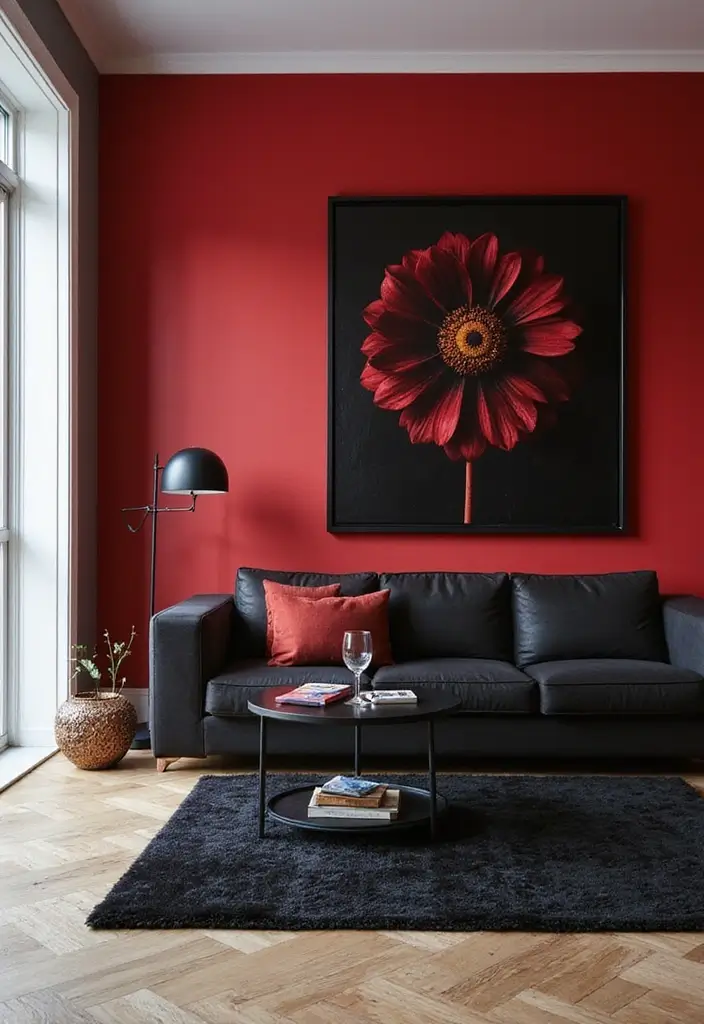 28 Red and Black Living Room Ideas That Feel Bold and Dramatic - 1. Bold Accent Wall