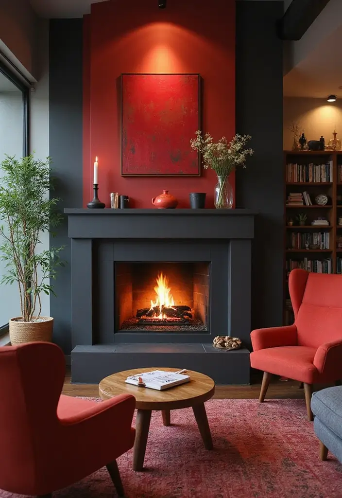 28 Red and Black Living Room Ideas That Feel Bold and Dramatic - 10. Cozy Fireplaces