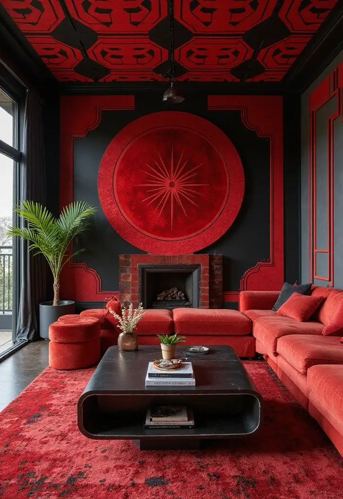28 Red and Black Living Room Ideas That Feel Bold and Dramatic - 12. Bold Art Deco Patterns