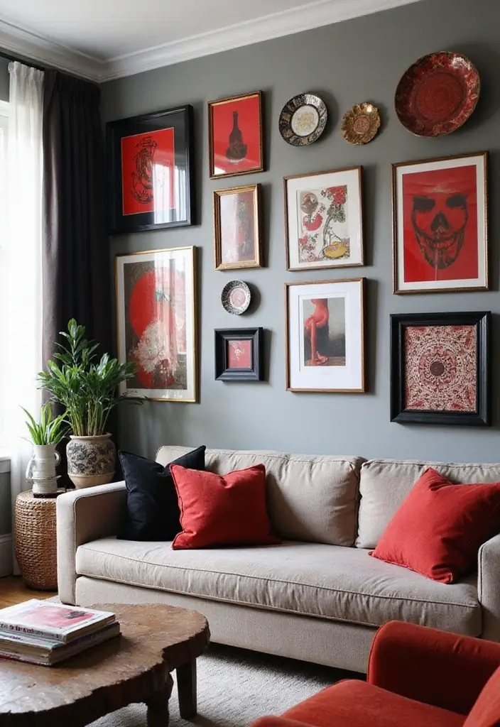 28 Red and Black Living Room Ideas That Feel Bold and Dramatic - 13. Eclectic Gallery Wall