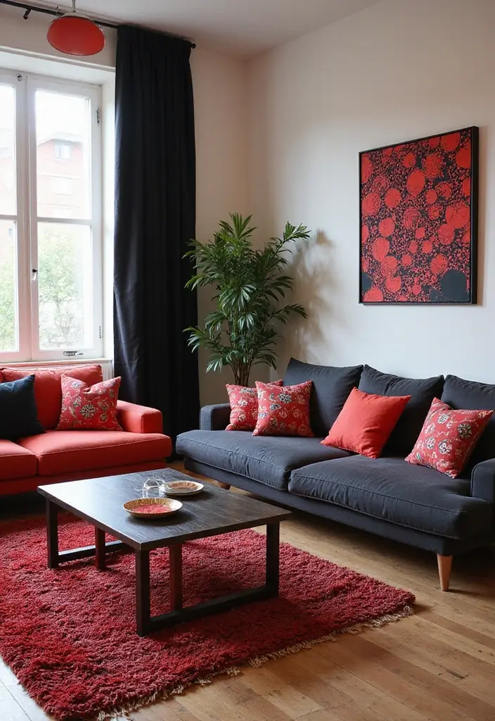 28 Red and Black Living Room Ideas That Feel Bold and Dramatic - 14. Playful Patterns