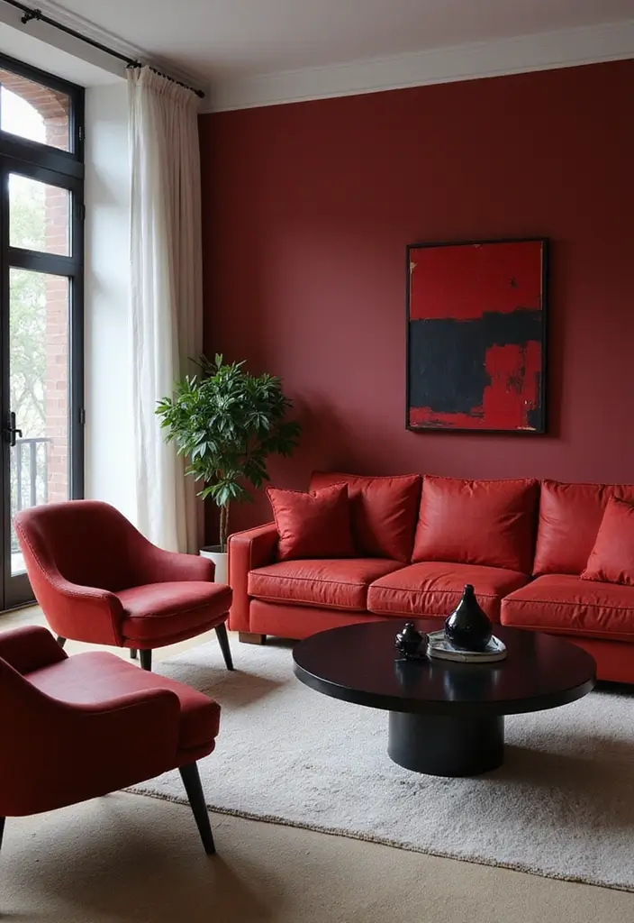 28 Red and Black Living Room Ideas That Feel Bold and Dramatic - 15. Minimalist Red and Black Decor
