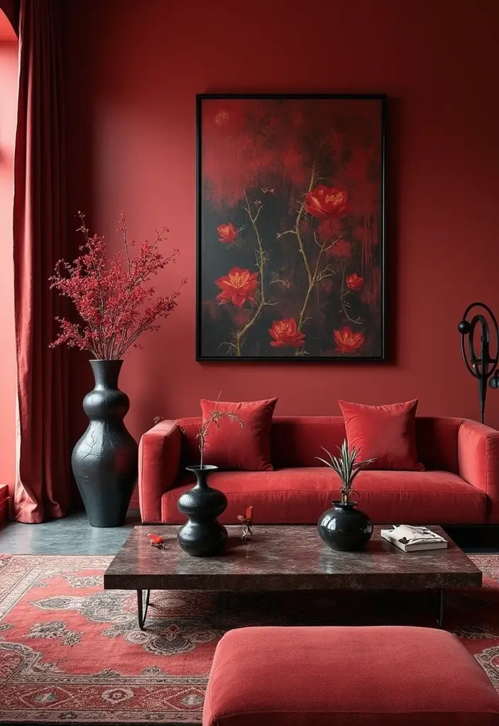 28 Red and Black Living Room Ideas That Feel Bold and Dramatic - 18. Artistic Accessories