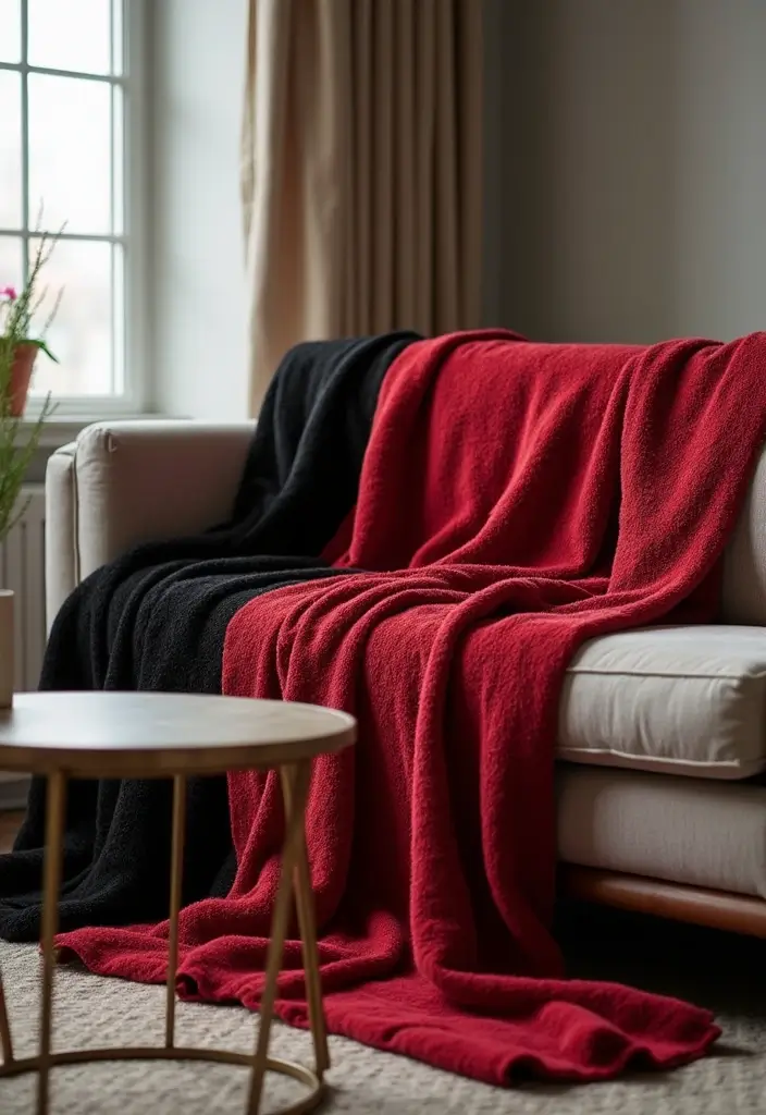 28 Red and Black Living Room Ideas That Feel Bold and Dramatic - 20. Stylish Throw Blankets