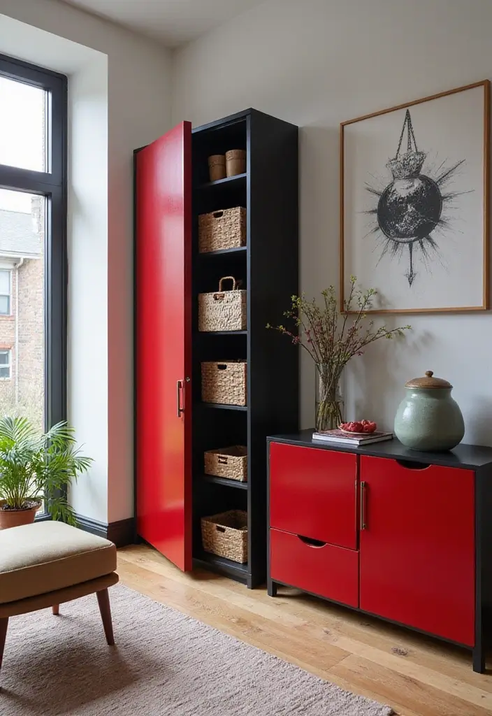 28 Red and Black Living Room Ideas That Feel Bold and Dramatic - 21. Creative Storage Solutions