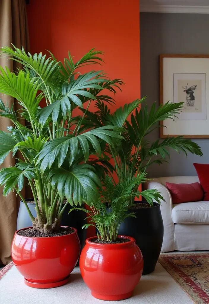28 Red and Black Living Room Ideas That Feel Bold and Dramatic - 26. Artful Plants