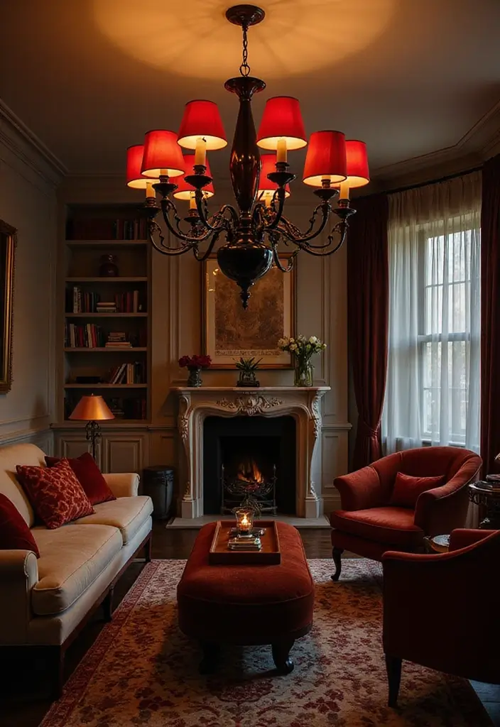 28 Red and Black Living Room Ideas That Feel Bold and Dramatic - 3. Dramatic Lighting Fixtures