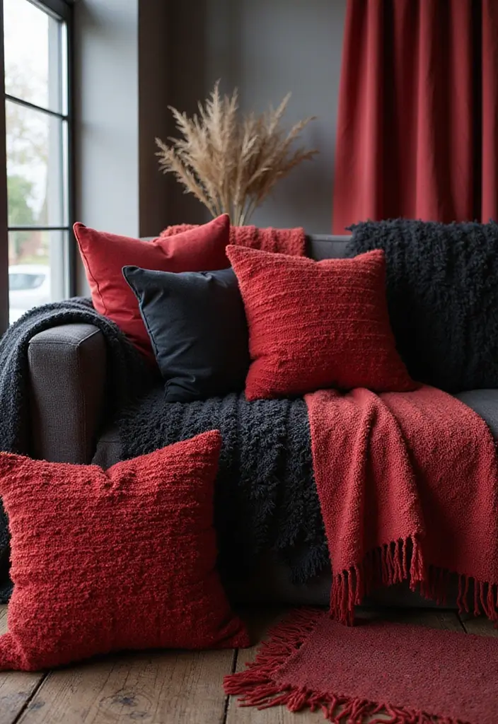 28 Red and Black Living Room Ideas That Feel Bold and Dramatic - 4. Textured Pillows and Throws