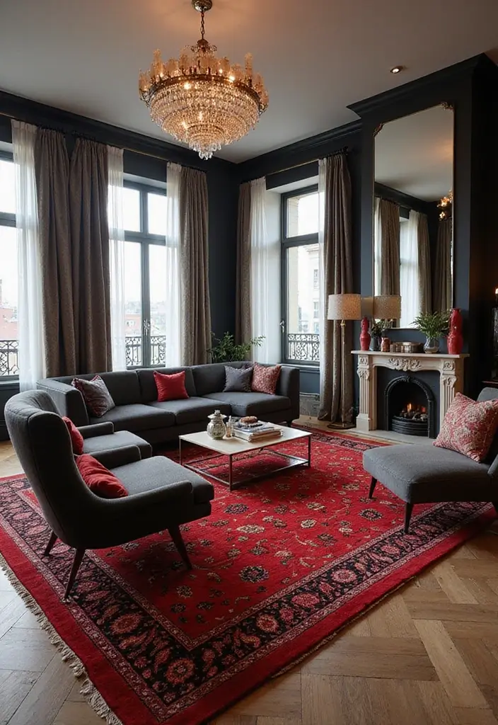 28 Red and Black Living Room Ideas That Feel Bold and Dramatic - 5. Stylish Area Rugs
