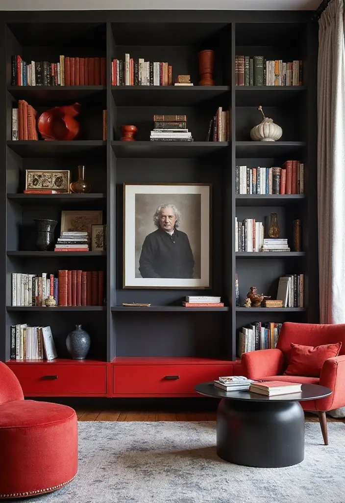 28 Red and Black Living Room Ideas That Feel Bold and Dramatic - 9. Stylish Bookshelves