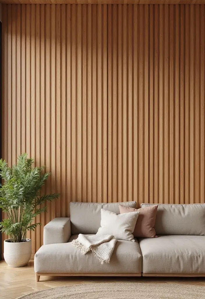 28 Slat Wall Ideas Living Room That Add Modern Texture - 1. Natural Wood Slat Wall