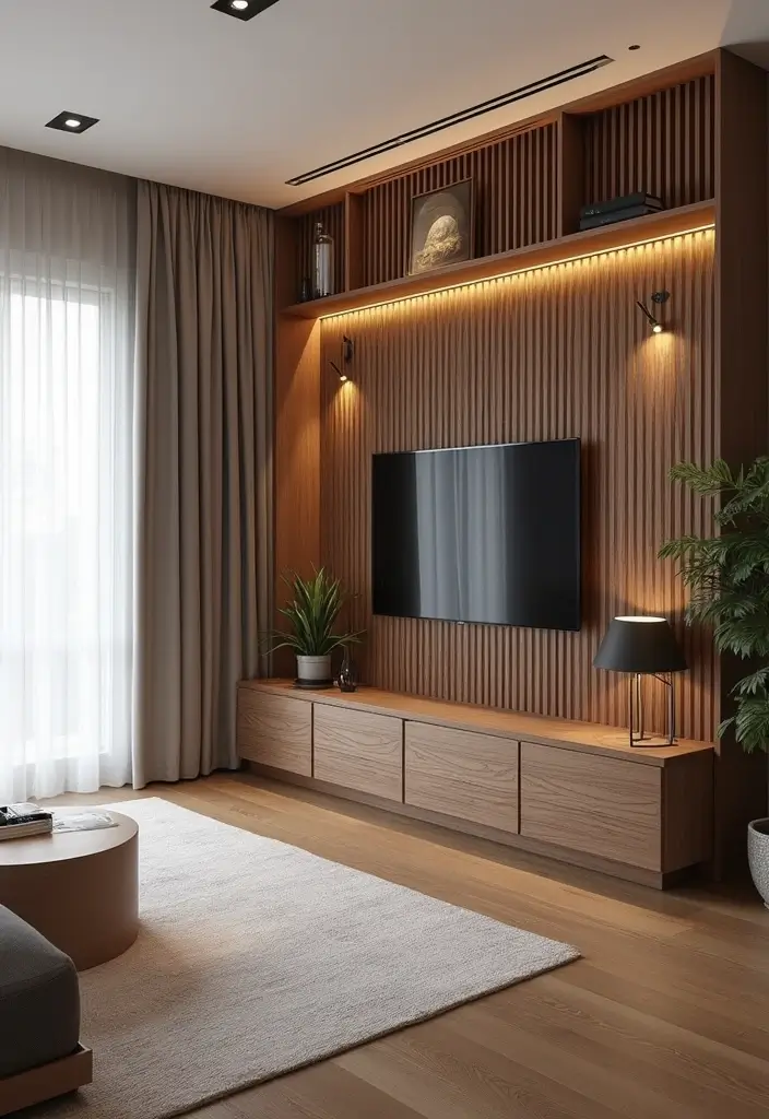 28 Slat Wall Ideas Living Room That Add Modern Texture - 11. Slat Wall with Hidden Storage