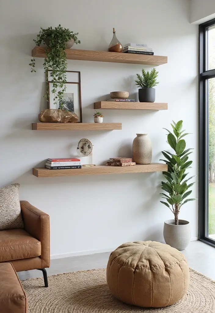 28 Slat Wall Ideas Living Room That Add Modern Texture - 13. Slat Wall with Floating Shelves