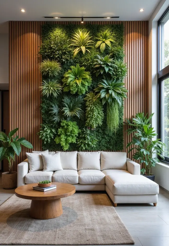 28 Slat Wall Ideas Living Room That Add Modern Texture - 18. Slat Wall with Greenery Integration