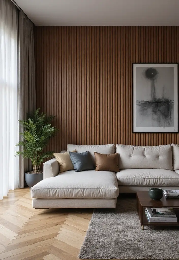 28 Slat Wall Ideas Living Room That Add Modern Texture - 20. Slat Wall with Sound Panels