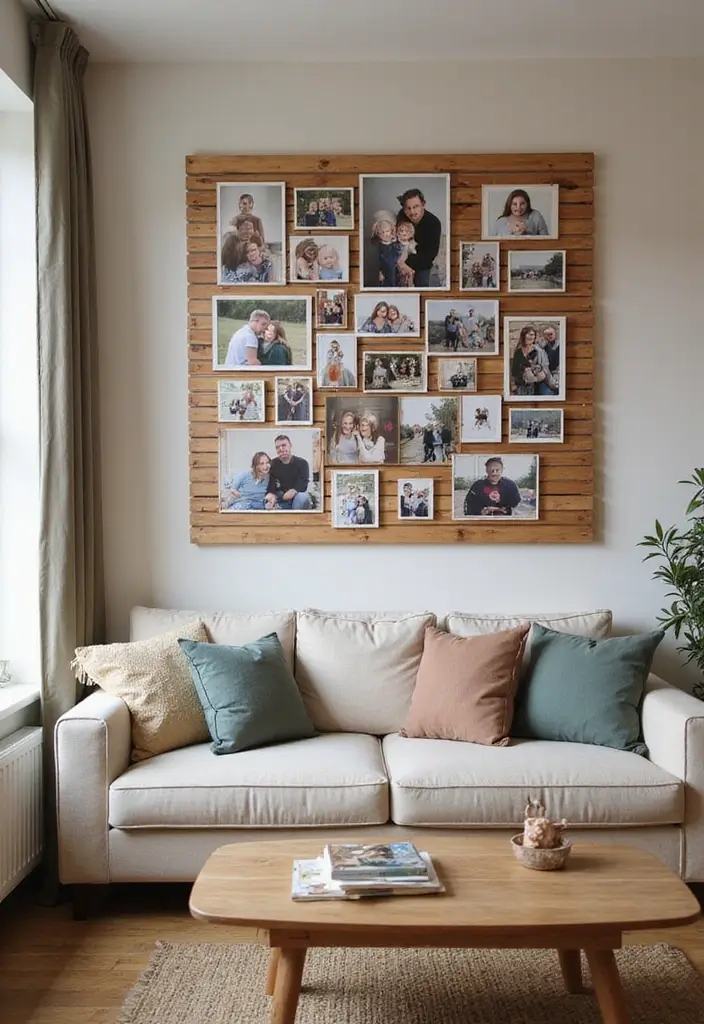 28 Slat Wall Ideas Living Room That Add Modern Texture - 21. Slat Wall with Family Photos