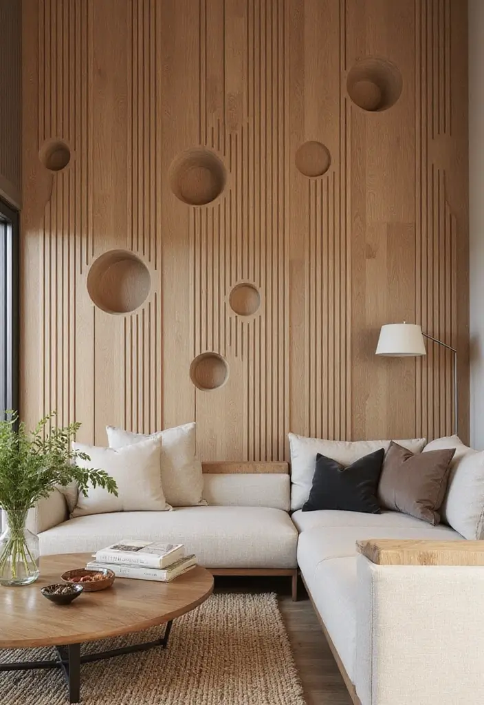 28 Slat Wall Ideas Living Room That Add Modern Texture - 22. Slat Wall with Unique Shapes