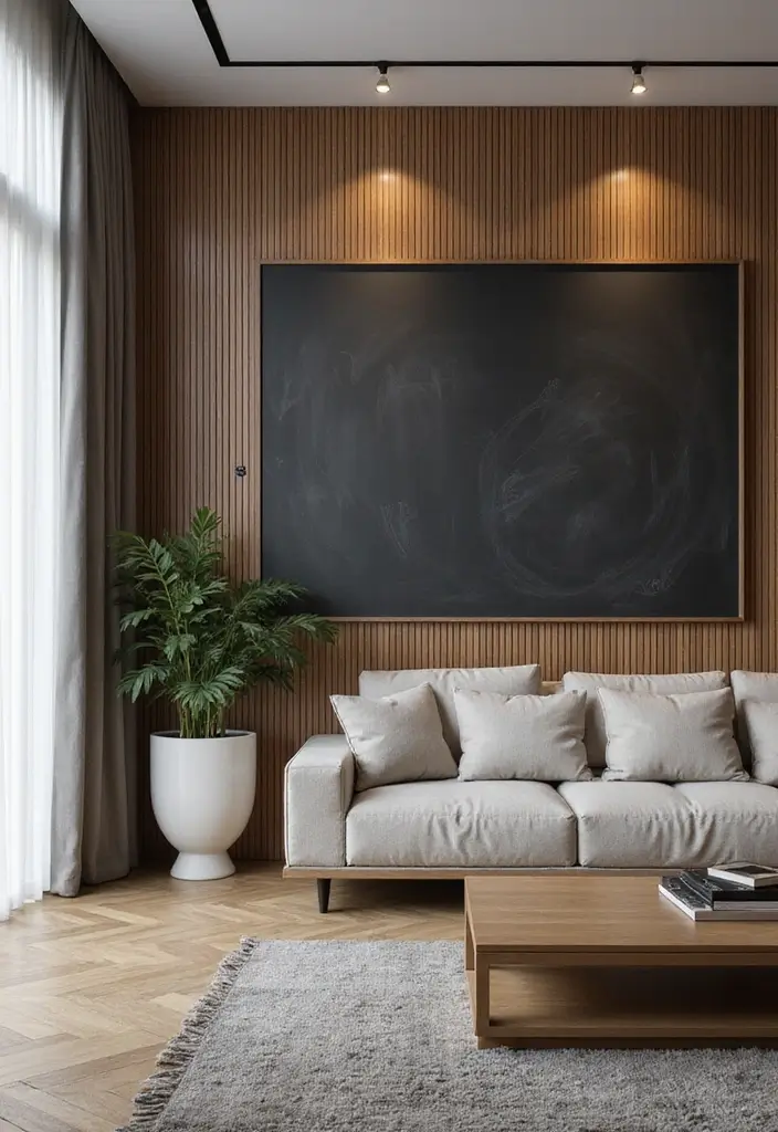 28 Slat Wall Ideas Living Room That Add Modern Texture - 23. Slat Wall with Chalkboard Sections