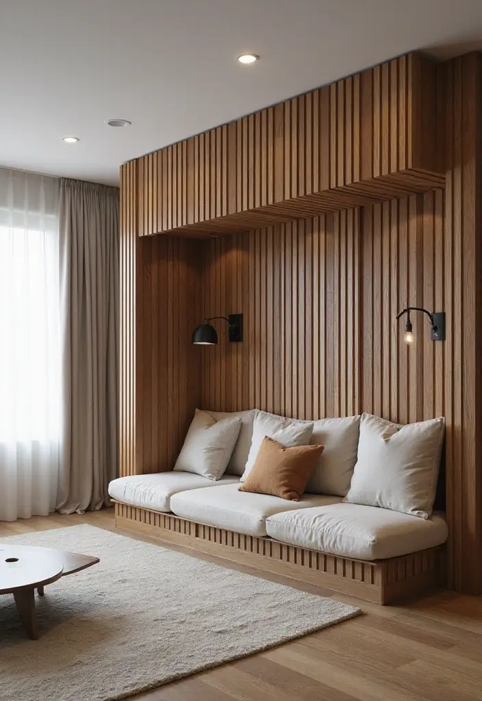 28 Slat Wall Ideas Living Room That Add Modern Texture - 24. Slat Wall with Built-in Seating