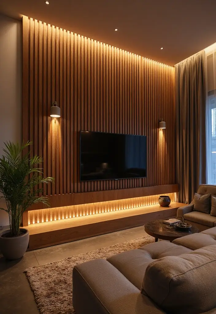 28 Slat Wall Ideas Living Room That Add Modern Texture - 27. Slat Wall with Artistic Lighting