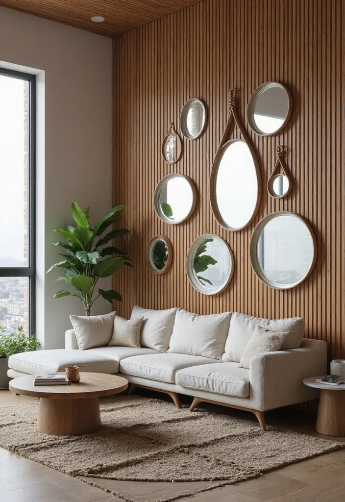28 Slat Wall Ideas Living Room That Add Modern Texture - 28. Slat Wall with Mirrors