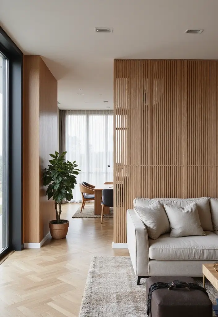 28 Slat Wall Ideas Living Room That Add Modern Texture - 7. Slat Wall as a Room Divider