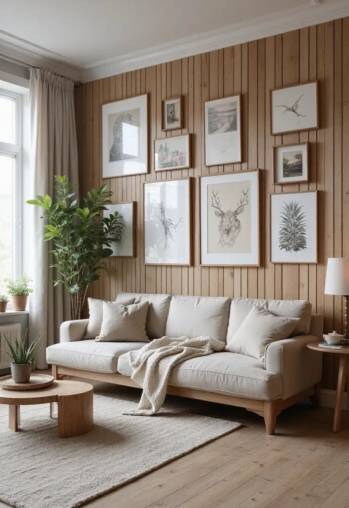 28 Slat Wall Ideas Living Room That Add Modern Texture - 9. Slat Wall with Artwork Display