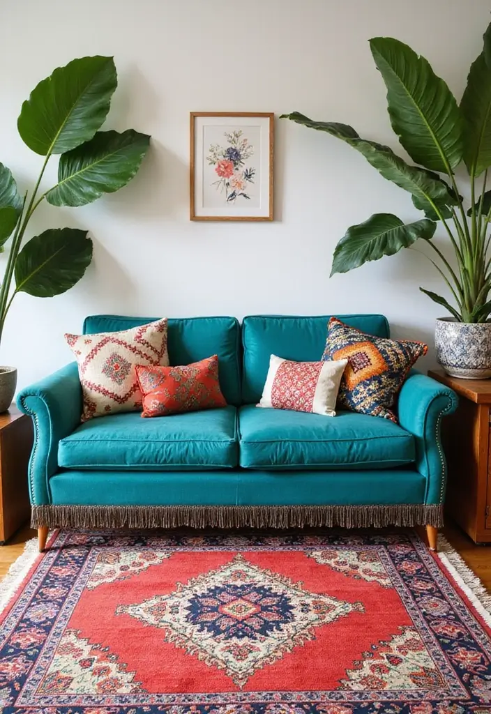 28 Teal Sofa Living Room Ideas That Feel Playful and Modern - 1. Bohemian Bliss with Fringe