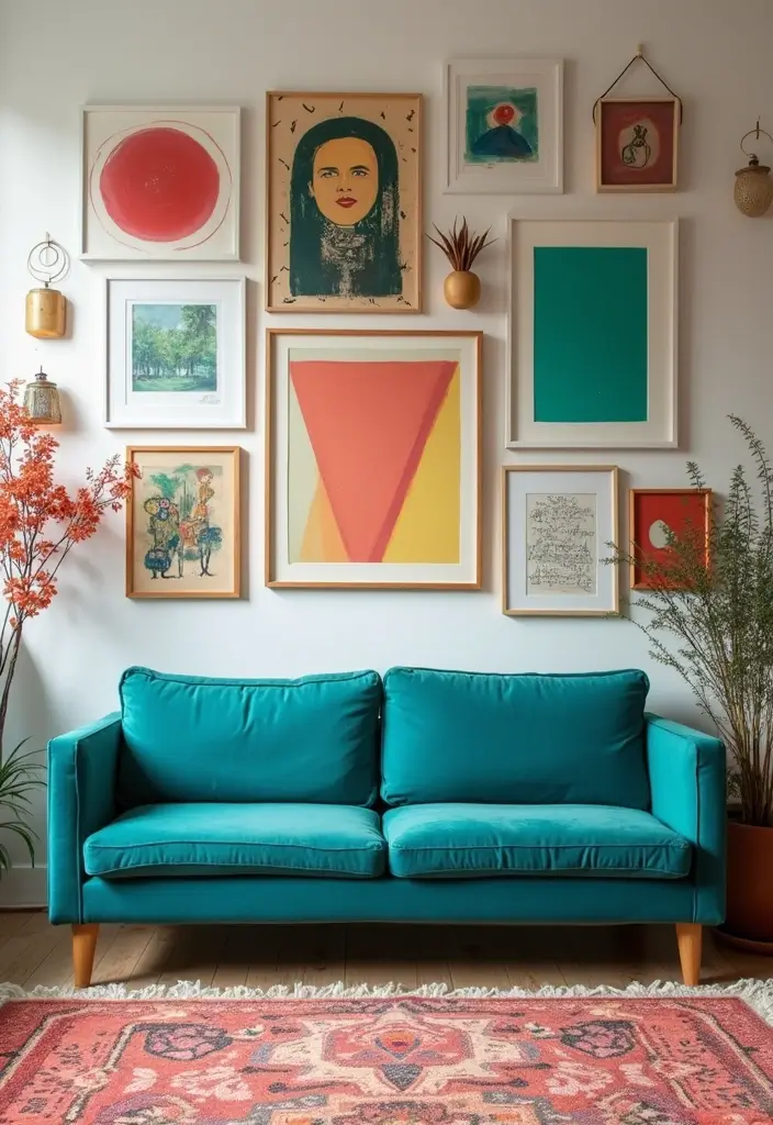 28 Teal Sofa Living Room Ideas That Feel Playful and Modern - 10. Playful Art Display