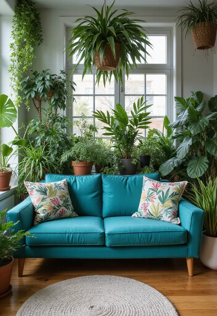 28 Teal Sofa Living Room Ideas That Feel Playful and Modern - 13. Urban Jungle