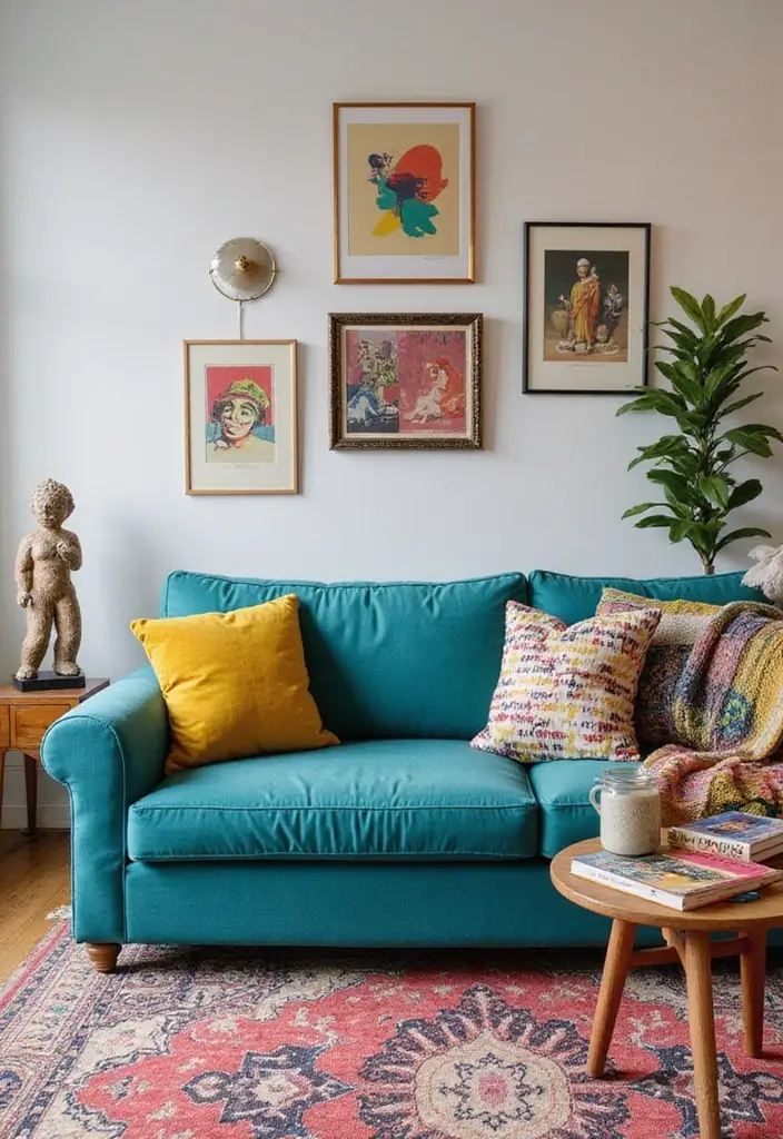 28 Teal Sofa Living Room Ideas That Feel Playful and Modern - 14. Fun and Funky Accessories