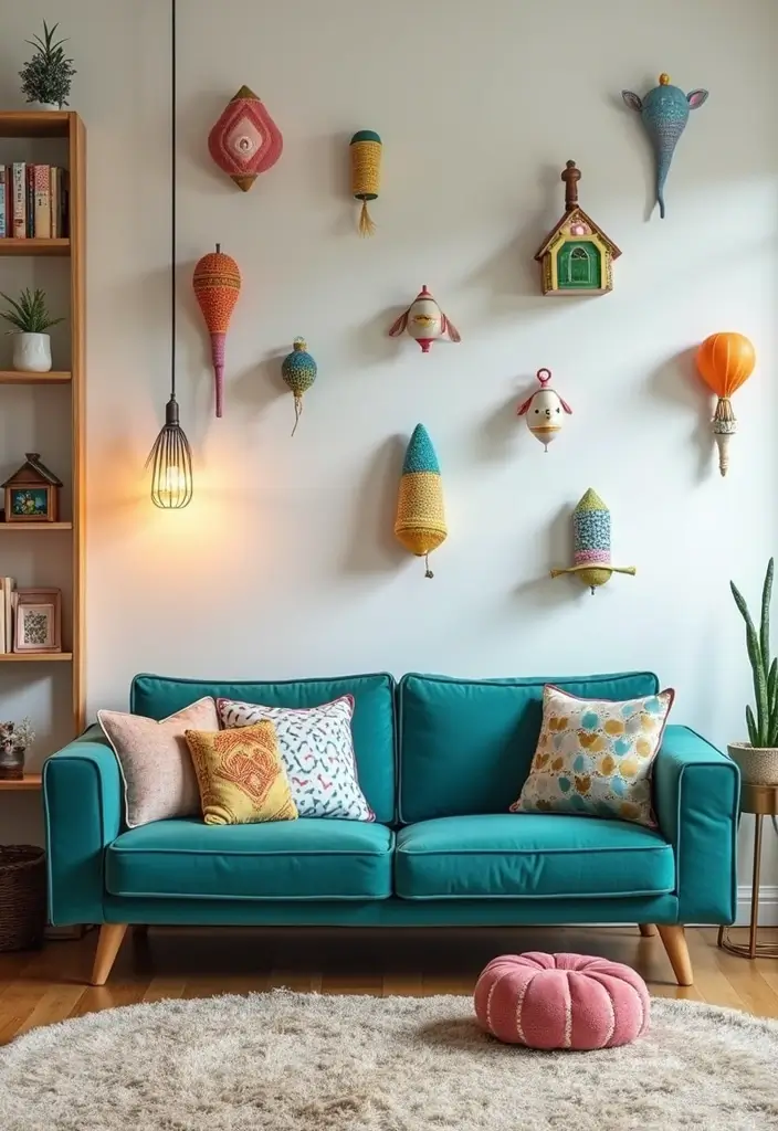 28 Teal Sofa Living Room Ideas That Feel Playful and Modern - 15. Whimsical Touches