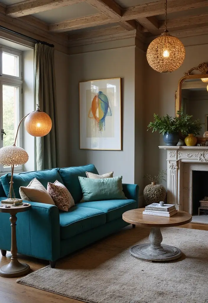 28 Teal Sofa Living Room Ideas That Feel Playful and Modern - 16. Statement Lighting