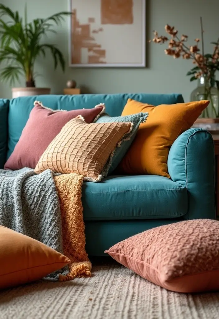 28 Teal Sofa Living Room Ideas That Feel Playful and Modern - 17. Colorful and Cozy Textiles