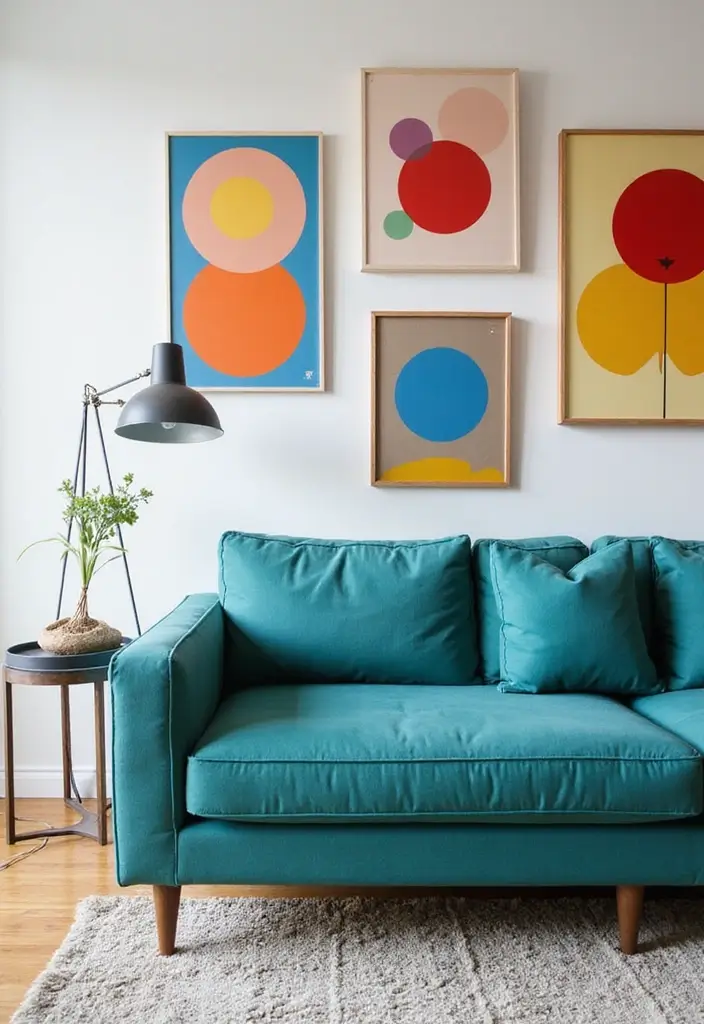 28 Teal Sofa Living Room Ideas That Feel Playful and Modern - 18. Playful Wall Art