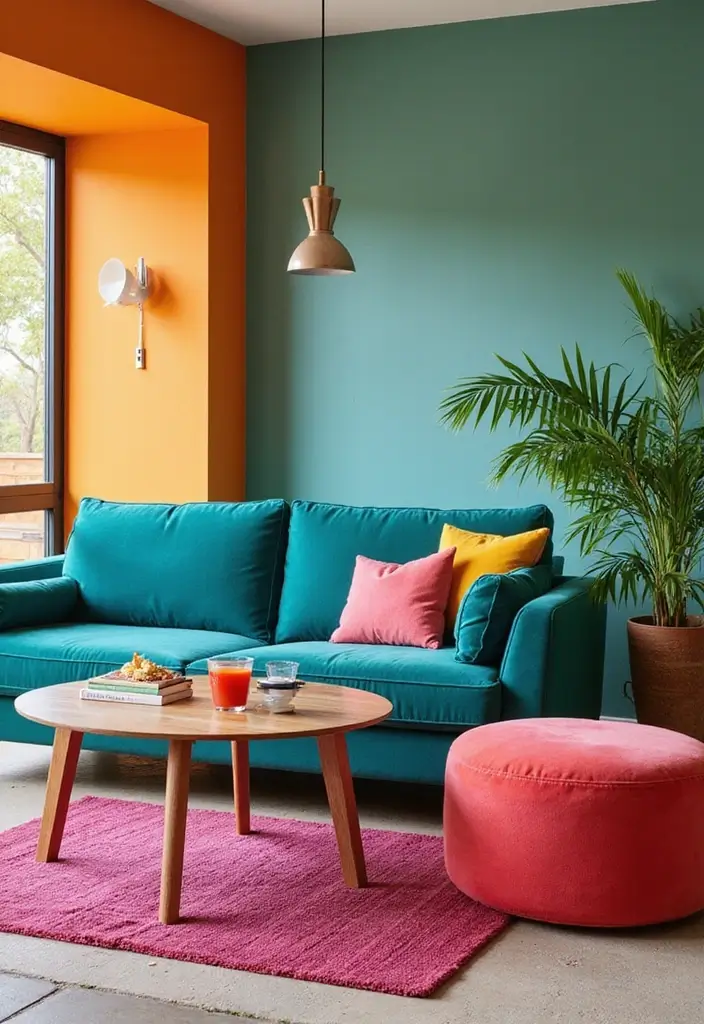 28 Teal Sofa Living Room Ideas That Feel Playful and Modern - 19. Bold Color Blocking