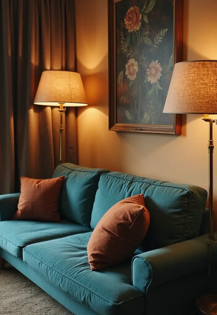 28 Teal Sofa Living Room Ideas That Feel Playful and Modern - 20. Textured Lampshades