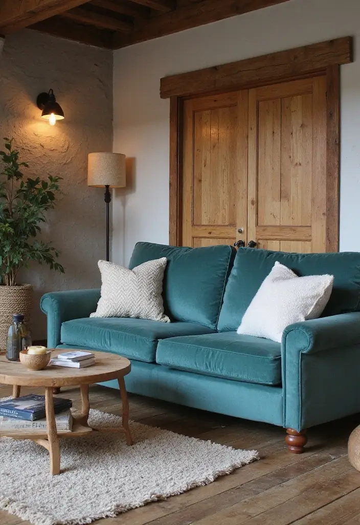 28 Teal Sofa Living Room Ideas That Feel Playful and Modern - 22. Rustic Charm