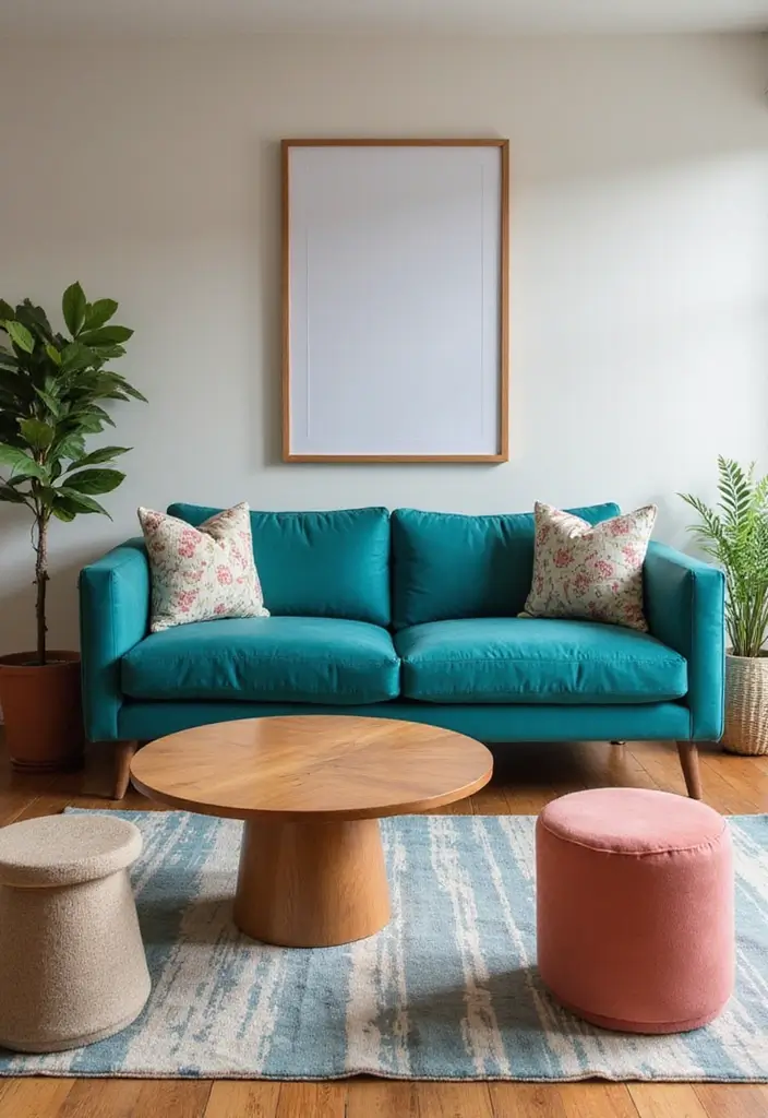28 Teal Sofa Living Room Ideas That Feel Playful and Modern - 23. Dynamic Shapes