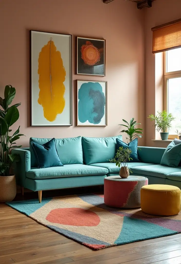28 Teal Sofa Living Room Ideas That Feel Playful and Modern - 25. Artistic Arrangements