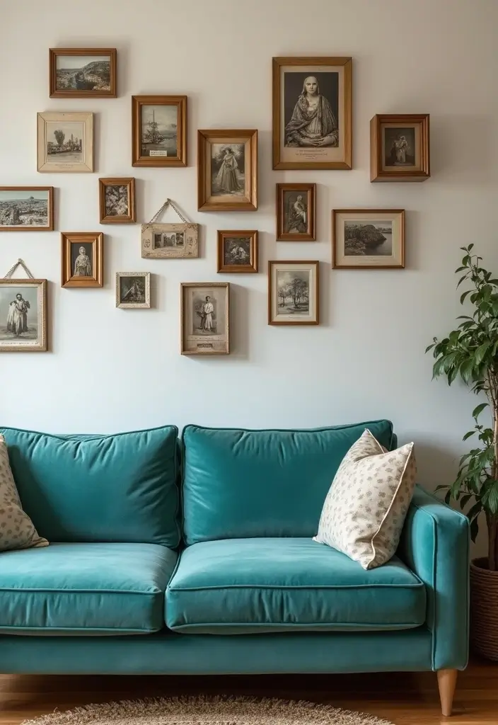 28 Teal Sofa Living Room Ideas That Feel Playful and Modern - 26. Memory Wall